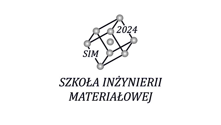 Logo Konferencji SIM 2024 - Komórka elementarna żelaza z napisem pod spodem: Szkoła Inżynierii Materiałowej