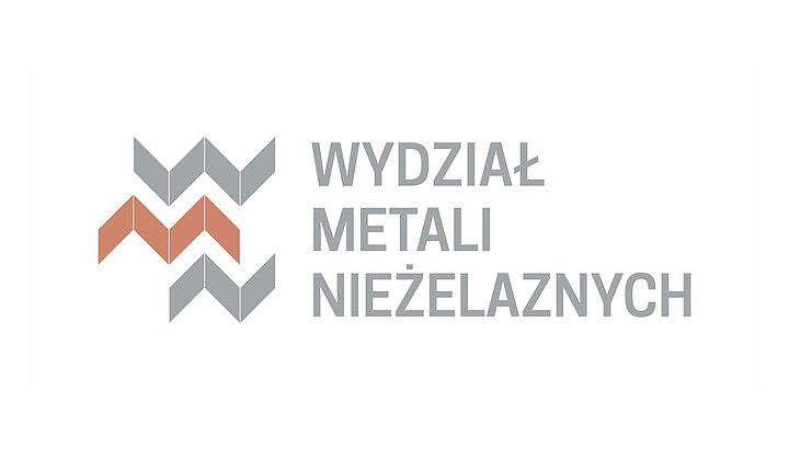 Logo Wydziału Metali Nieżelaznych, trzy faliste linie, zewnętrzne szare wewnętrzna pomarańczowa z nazwą wydziału po lewej stronie