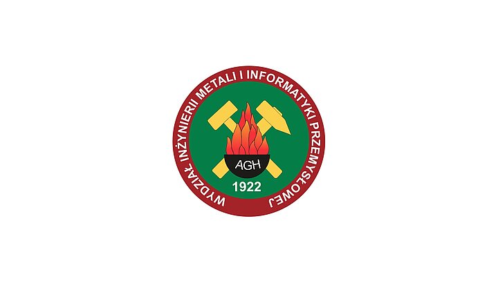 Logo Wydziału Inżynierii Metali i Informatyki Przemysłowej w kształcie koła, na zielonym tle dwa hutnicze młoty przed nimi czarna misa z napisem AGH poniżej niej rok założenia wydziału 1922