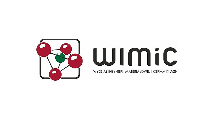 Logo Wydziału Inżynierii Materiałowej i Ceramiki w formie reprezentacji komórki elementarnej, z podpisem WIMIC po stronie prawej